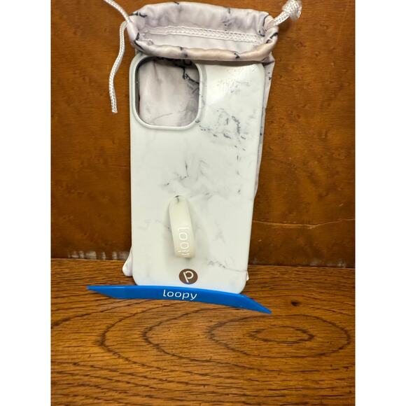 Marble Loopy right hand iPhone 13 Pro case & dust bag with white & blue loops - Picture 1 of 3